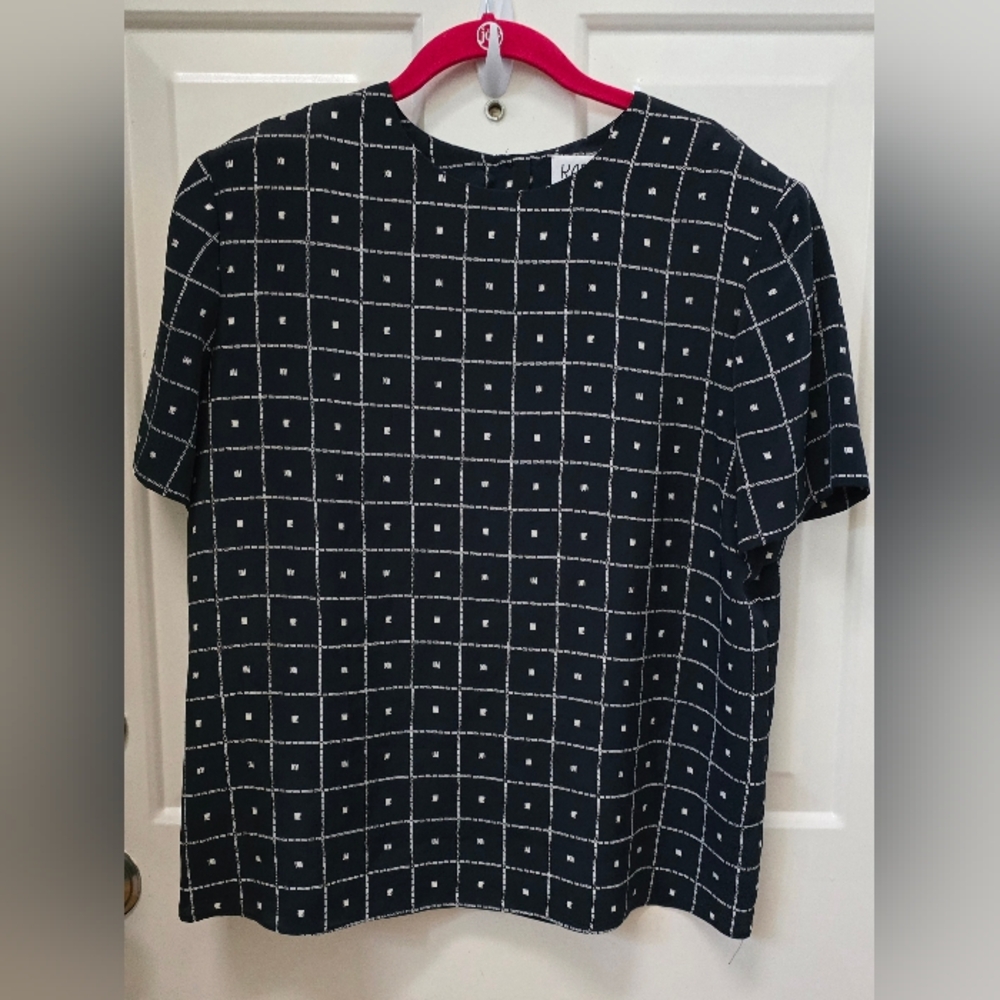 Kasper Black Grid Pattern Short Sleeves Blouse Tops Size 14